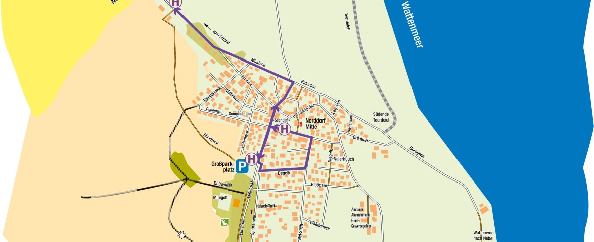 Strandshuttle Norddorf - Strecke und Haltestellen, © AT